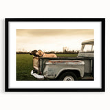 Extra large framed abstract art print featuring colorful, textured trucks, ideal for living room decor.
