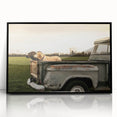Framed acrylic print of large abstract wall art featuring assorted trucks in mid-century modernist style, using bold colors.