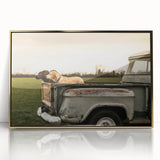 Mid-century modernist art featuring colorful trucks on gold-framed acrylic, ideal for nursery wall decor.