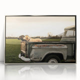 Mid-century modernist art featuring trucks, rendered in acrylic on a silver-framed poster, suitable for nursery wall art.