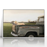 Art deco poster of colorful trucks in a row on white acrylic, framed, suitable for nursery wall decor.