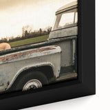 Framed canvas featuring a close-up of colorful, textured trucks on a black background, suitable for large living room walls.