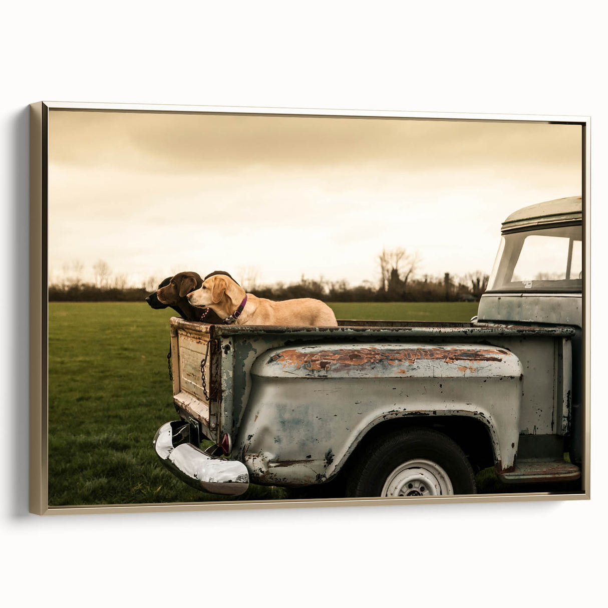 Vintage poster art of classic trucks in black and gold on framed canvas, ideal for bedroom wall decor.