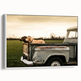 Framed canvas vintage poster art of colorful trucks, ideal for extra large wall art in a living room.