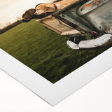 Art deco poster featuring a lineup of vintage trucks in muted earth tones on rolled canvas, suitable for dining room decor.