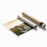 Extra large wall art featuring trucks in muted blue tones on rolled canvas, suitable for large living room decor.