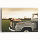 Black and white stretched canvas depicting a vintage truck, ideal for kitchen wall art.
