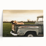 Black and white stretched canvas featuring a collection of vintage trucks, ideal for kitchen wall art or bedroom decor.