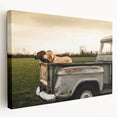 Large art print of colorful trucks in a row on a stretched canvas, suitable for kitchen wall decor.