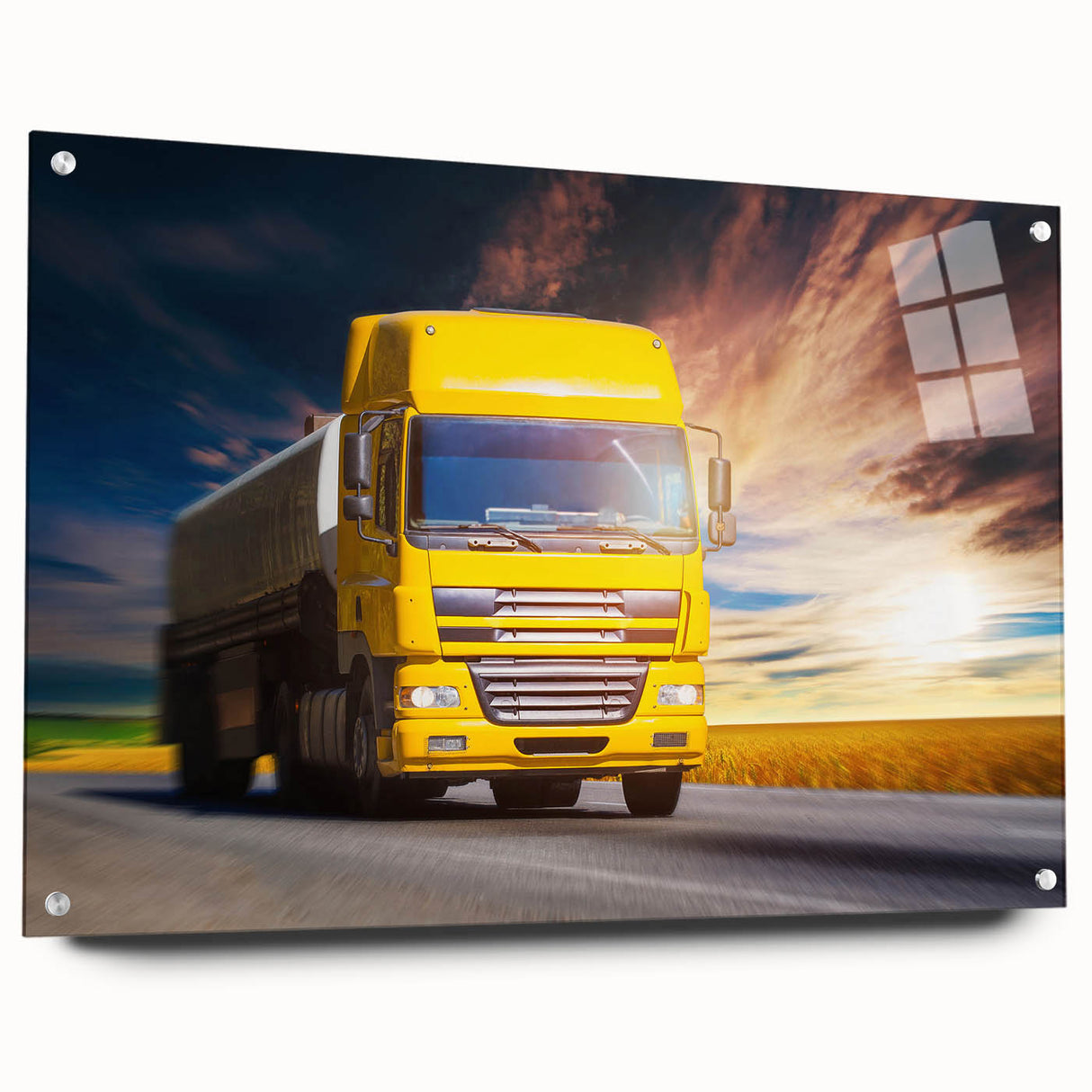 Acrylic print of colorful abstract trucks, ideal for dining room decor.