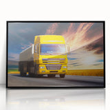 Large abstract wall art featuring colorful trucks in a mid-century modernist style, printed on a black framed acrylic.
