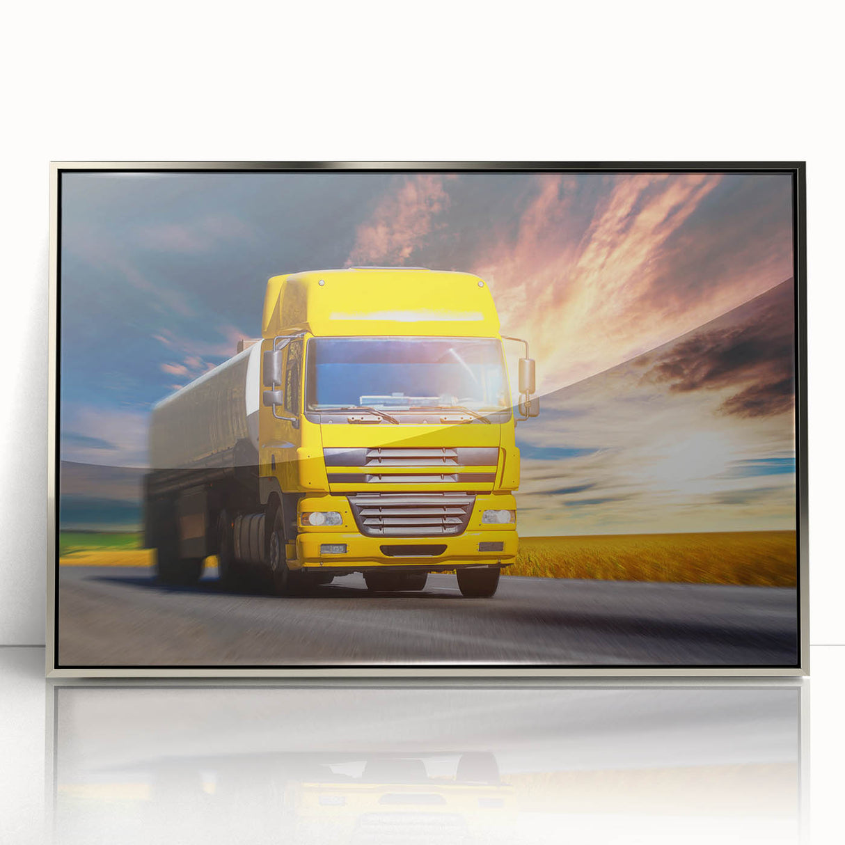 Mid-century modernist art of colorful trucks in a row on silver-framed acrylic, suitable for nursery wall art.