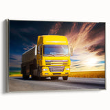 Framed canvas featuring a vintage poster of colorful trucks in a black landscape, ideal for a home office.