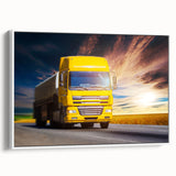 Vintage poster art featuring a series of colorful trucks on a black background, framed canvas, ideal for living room decor.