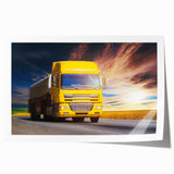 Extra large wall art featuring a collection of vintage trucks in muted earth tones on a rolled print.