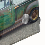 Large abstract wall art featuring colorful trucks in mid-century modernist style on acrylic glass.