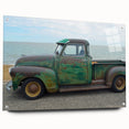 Acrylic print of a collection of trucks in various colors, ideal for decorating a child's bedroom or play area.