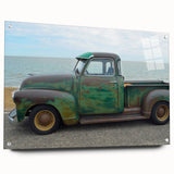 Acrylic print of a collection of trucks in various colors, ideal for decorating a child's bedroom or play area.