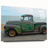 Acrylic print of large abstract trucks in neutral shades, suitable for bedroom or dining room decor.