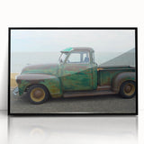 Large abstract wall art featuring vibrant geometric trucks in mid-century modernist style, acrylic print in a black frame.