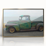 Framed acrylic print of colorful mid-century modernist trucks, ideal for nursery wall art.