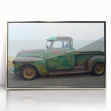 Mid-century modernist art depicting colorful trucks, framed in silver acrylic, ideal for nursery wall decor.