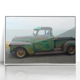 Art deco poster of colorful trucks in a row on white acrylic, framed, ideal for nursery wall decor.