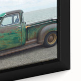 Extra large framed canvas featuring a black textured background with colorful, abstract truck designs.