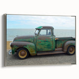 Framed canvas of a vintage truck in black with colorful accents, ideal for a retro-themed room decor.