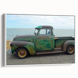 Framed canvas of vintage poster art featuring colorful trucks, ideal for extra large living room wall.
