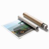Rolled print of a vintage truck in muted earth tones, ideal for large living room wall art.