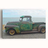 Black and white stretched canvas featuring a collection of vintage trucks, ideal for kitchen wall art.