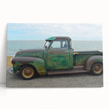 Black and white photo of vintage trucks on stretched canvas, suitable for kitchen wall art.