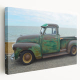 Colorful illustration of trucks on a stretched canvas, ideal for kitchen wall art.