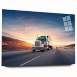 Acrylic print of a large abstract wall art featuring colorful trucks, ideal for bedroom or dining room decor.