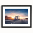 Extra large abstract art print of colorful trucks in textured style on a black framed canvas, ideal for living room decor.