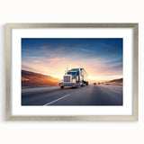 Textured art print featuring abstract trucks in neutral hues on a framed silver mat, ideal for bedroom wall decor.
