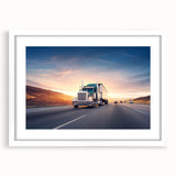 Abstract art print featuring colorful trucks on a white framed canvas, suitable for dining room or bedroom decor.