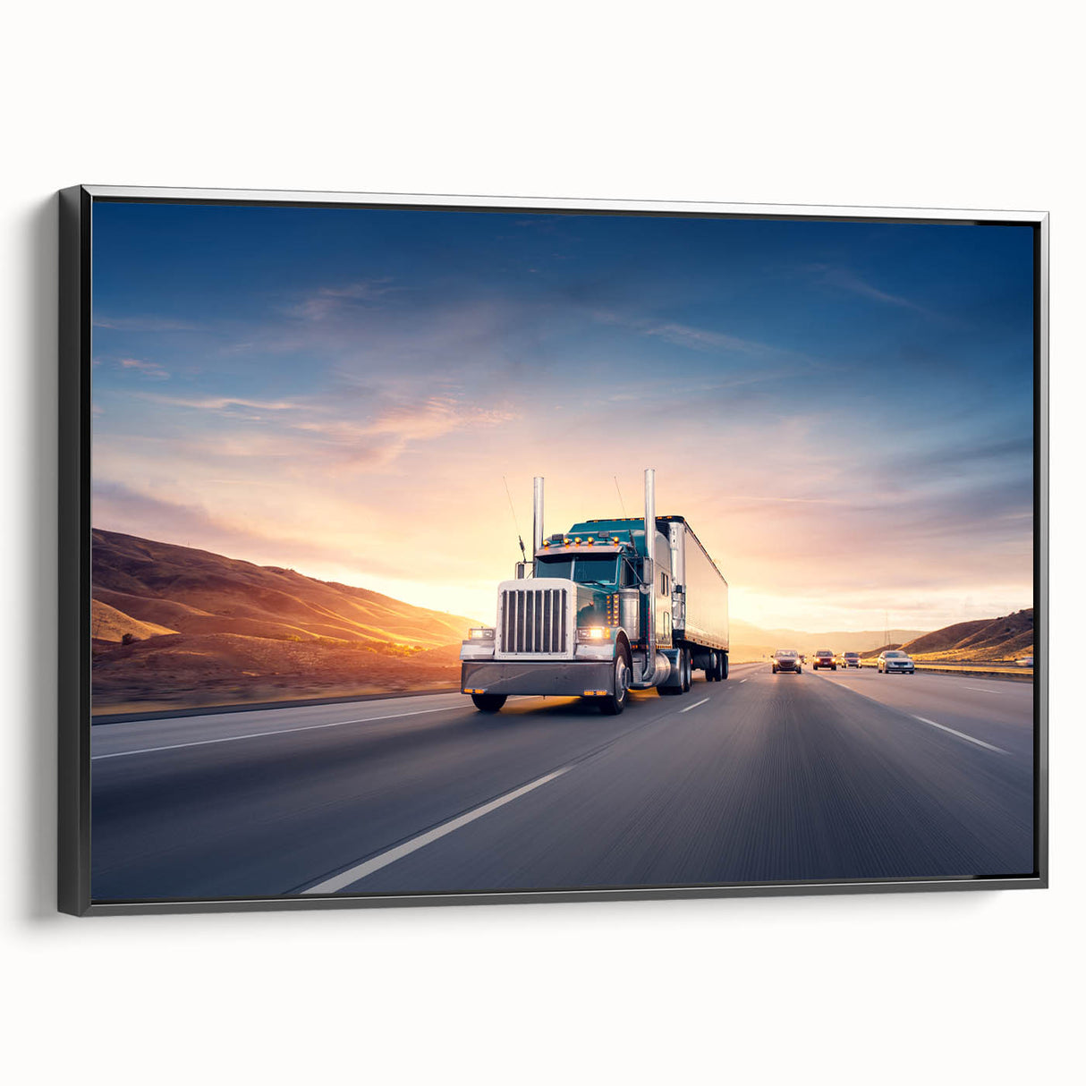Black and white framed canvas featuring a vintage poster art of trucks in a landscape, suitable for bedroom decor.
