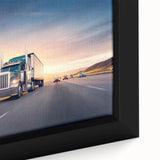 Framed canvas featuring a close-up of colorful, textured trucks on a black background, ideal for living room decor.