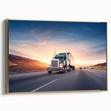 Vintage poster art of trucks on a landscape, in black and gold tones, framed canvas, ideal for bedroom wall decor.