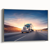 Framed canvas featuring a vintage poster of colorful trucks in a landscape, ideal for a retro-themed living room.