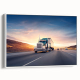 Framed canvas of a vintage poster featuring colorful trucks in a row on a black background.