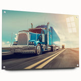 Acrylic print of colorful abstract trucks, ideal for bedroom or dining room decor.