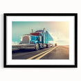Extra large abstract art print featuring colorful, textured trucks, in a black frame with mat, ideal for living room decor.