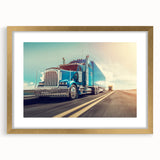 Extra large abstract art print of stylized trucks in gold frame, featuring textured details and bold colors.