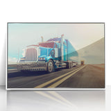 Art deco poster of colorful trucks in a row on a white acrylic frame, suitable for nursery wall art.