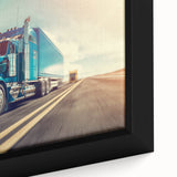 Extra large framed canvas featuring a close-up of colorful, textured trucks on a black background.