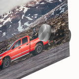 Mid-century modernist art featuring abstract trucks in muted earth tones on large acrylic glass, ideal for dining room art.