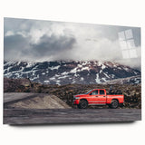 Acrylic print of vibrant, abstract trucks in blue and orange, suitable for bedroom or dining room decor.